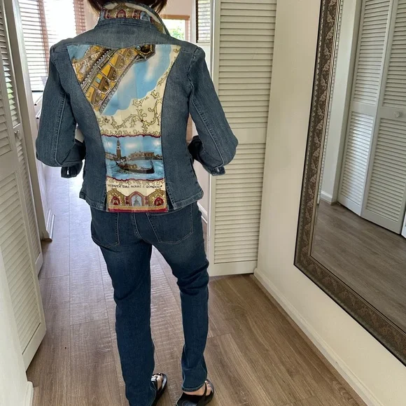 Vintage Denim Jacket, Italian Silk Print insert. Casual,soft,chic,unique jacket.